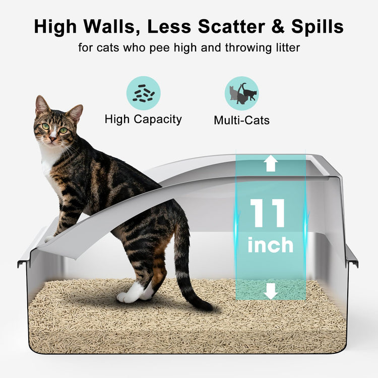 2 Pack Stainless Steel Litter Box for Kitty | Metal Kitty Litter Box with Lid High Sided for Small Cats or Injured Cats, Bunny Litter Boxes, Low Entry, Odor-Free, Non-Stick,Includes Scoop