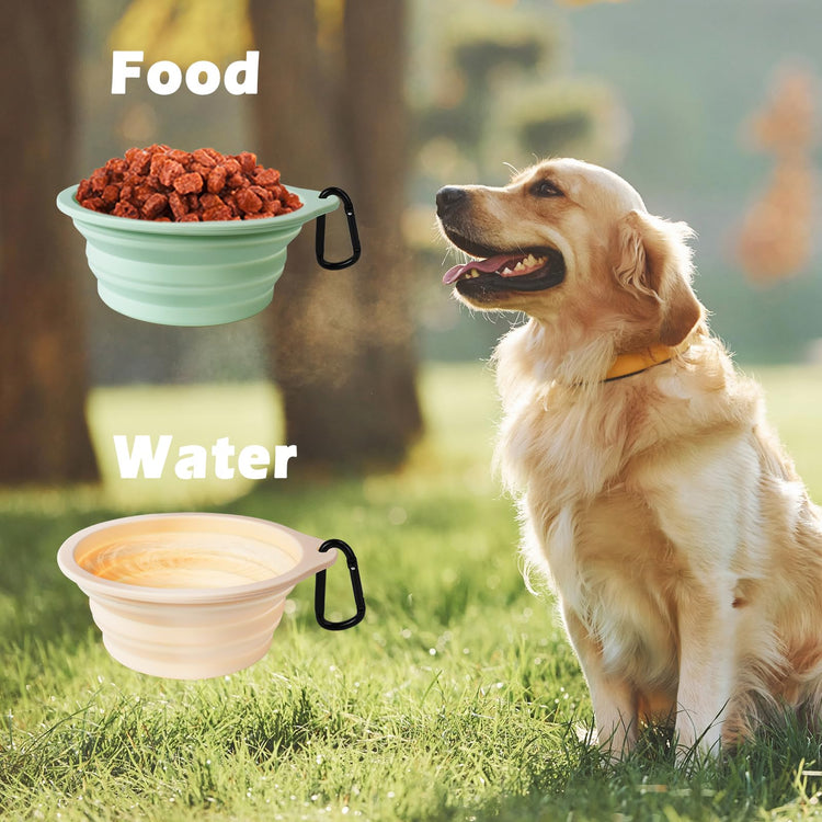 PetBonus 2-Pack Silicone Collapsible Dog Bowls, BPA Free Dishwasher Safe, Portable Foldable Expandable Travel Bowl, Food Water Feeding Cup Dish for Dogs Cats with 2 Carabiners (Turquoise, Tan)