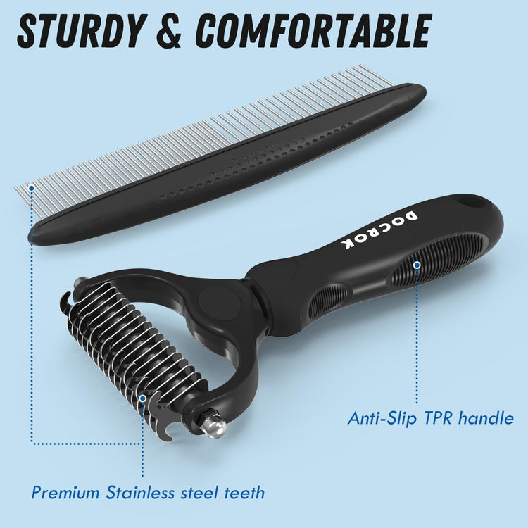 Docrok Pet Grooming Combo - Blue Deshedding Brush with Metal Comb for Detangling and Dematting Long, Matted Fur on Cats and Dogs