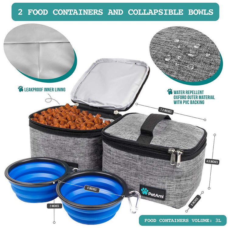 PetAmi Dog Travel Bag Organizer, Pet Travel Kit with 2 Food Containers & 2 Collapsible Dog Bowls, Pet Supplies Tote with Luggage Sleeve, Weekend Road Trip Camping Essentials, Dark Gray, Medium
