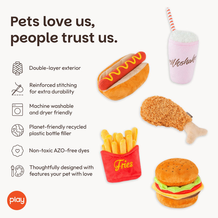 P.L.A.Y. PET LIFESTYLE AND YOU P.L.A.Y. Cute Plush Dog Toys - Fast Food Themed Durable Squeaker Chew Toys, Great for Puppies & Small Dogs - Machine Washable, Recycled Materials (5 Piece Set, X-Small)