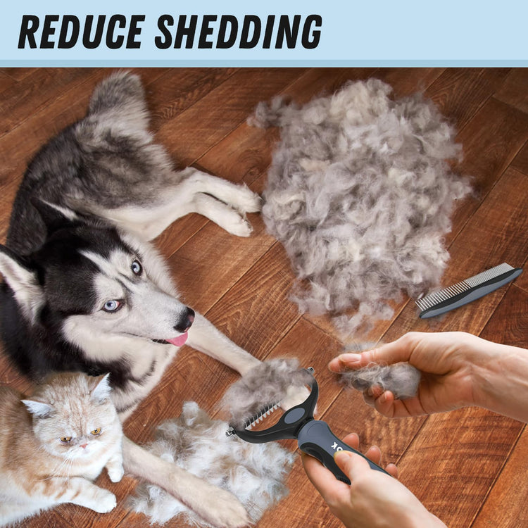 Docrok Pet Grooming Combo - Blue Deshedding Brush with Metal Comb for Detangling and Dematting Long, Matted Fur on Cats and Dogs