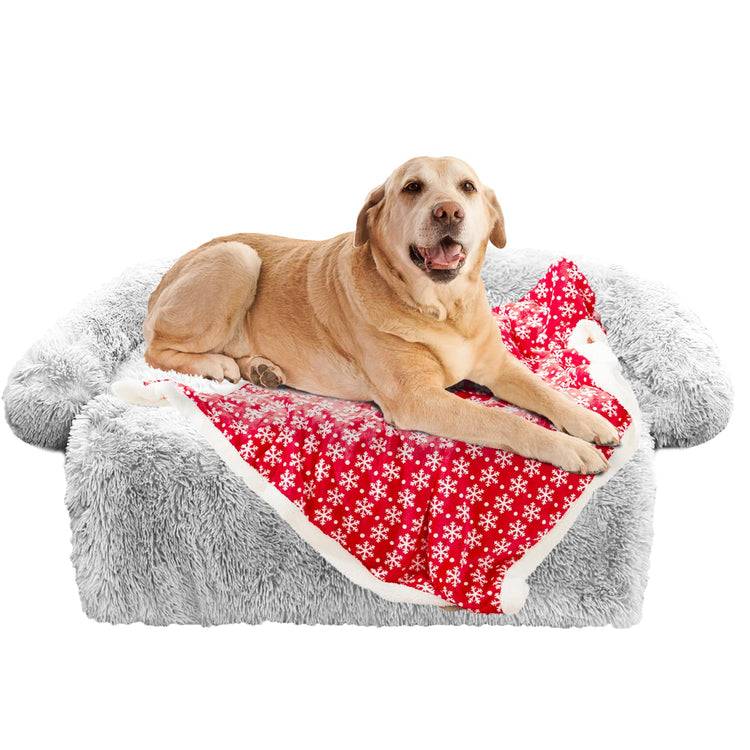 Calming Dog Bed Fluffy Plush Dog Mat for Furniture Protector with Removable Washable Cover for Large Medium Small Dogs and Cats (Small(35x31x5), Light Grey)