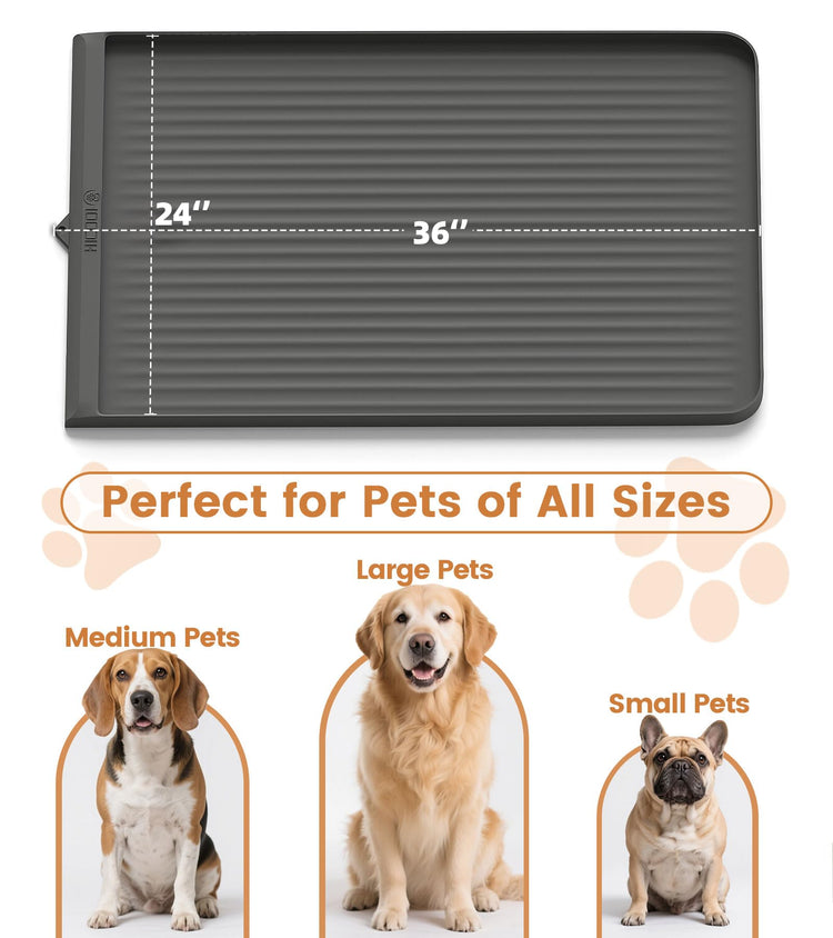 Dog Food Mat 36"x24", Waterproof Pet Feeding Mat with Diversion Grooves and Raised Edges, Large Non-Slip Dog Bowl Mat for Food and Water, Cat Food Mat for Floors, Easy to Clean, Grey