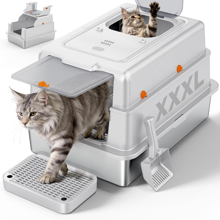 FURTIME Stainless Steel Litter Box with Lid, Large Enclosed Cat Litter Box for Big Cats, Metal Cat Box with High Sided Enclosure & Scoop, Front & Top Entry, Odor Free, Anti-Leakage, Grey
