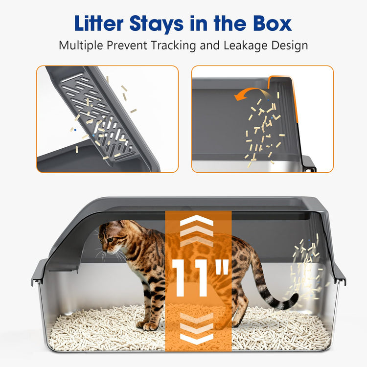 2 Pack XL Stainless Steel Litter Box, Metal Cat Litter Boxes with Lid, High Sided Enclosed Litter Boxes for Big Cat and Multiple Cats, Anti-Urine Leakage | Non-Stick Bottom & Includes Scoop