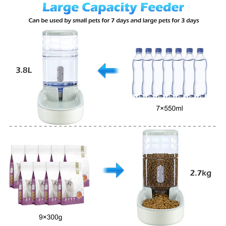 Kacoomi Automatic Dog Cat Feeder and Water Dispenser Gravity Food Feeder and Waterer Set with Pet Food Bowl for Small Medium Dog Puppy Kitten, Large Capacity 1 Gallon x 2
