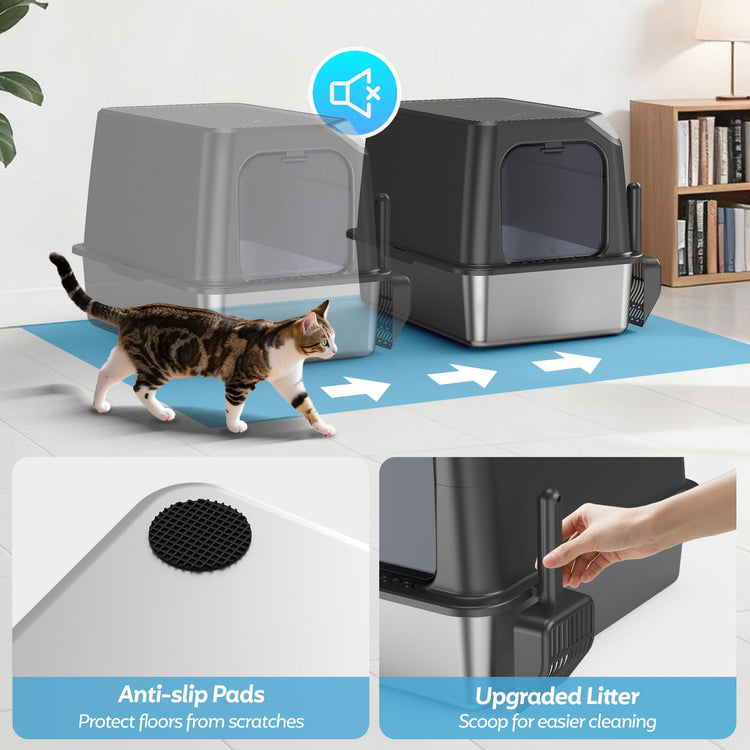 WoofiGo Enclosed Stainless Steel Cat Litter Box with Lid, XL Extra Large Litter Box for Big Cats, Metal Litter Pan High Sided, Never Absorbs Odors, Anti-Urine Leakage, Easy Cleaning, Include Scoop