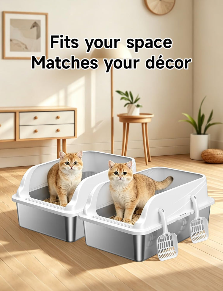 Stainless Steel Cat Litter Box, Odor Free Metal Litter Box with High Sides Lid, Open Top Low Entry Litter Pan Include Scoop Easy Cleaning Anti-Scratch Kitty Cat Box Anti-Urine Leakage, Non-Sticky
