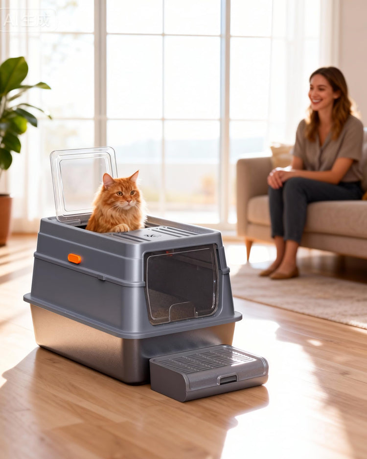 Powools Cat Litter Box - Stainless Steel Litter Box with Lid for Kitty, Metal Base Enclosed Cat Box with Litter Scoop, Elevated Step Box, Activated-Carbon Pack, 17.1" x 13.2" x 15", Grey