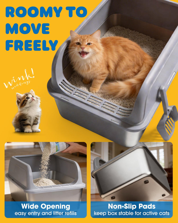 Powools Stainless Steel Cat Litter Box, Metal Litter Box with Scoop, High- Sided, Anti-Leakage Top Entry, Non-Sticky, Easy to Clean, Grey, M (1 Pack)