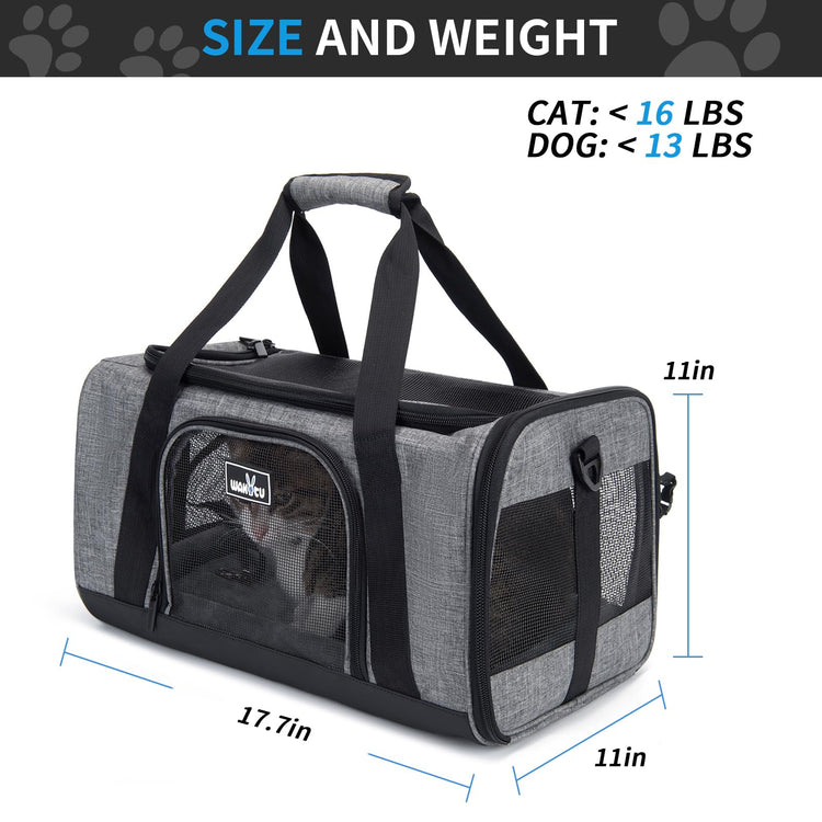 Wakytu Airline Approved Pet Carrier, TSA Approved Soft Sided Travel Bag for Small Dogs and Cats, 5 Mesh Windows & Padded Shoulder Strap for Plane Underseat, 17.7"x11"x8.3"