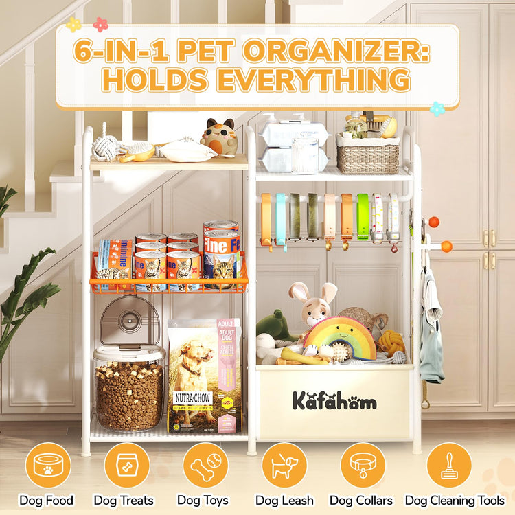 KAFAHOM Dog Toy Basket with Collar Leash Holder Hooks, Large Pet Bin, Dog Toy Box for Living Room Area, Cat Stuff Storage Organizer with Cabinet and Can Dispenser, Great Gifts for Pet Lovers