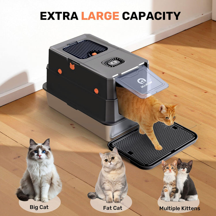 Stainless Steel Litter Box with Lid, Anti-Leakage Enclosed Metal Litter Box, Flip-Top Extra Large Kitty Litter Pan with Scoop & Pedal, Odor Free, Front & Top Dual Entry, Black