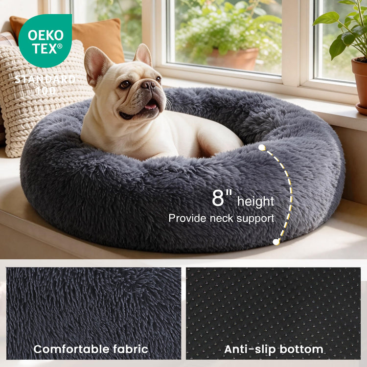 Love's cabin Calming Dog & Cat Bed, Cat Bed for Indoor Cats, Anti-Anxiety Donut Round Bed, Fluffy Warming Pet Bed for Small Medium Dogs and Cats, Beige Taupe 20"/24"