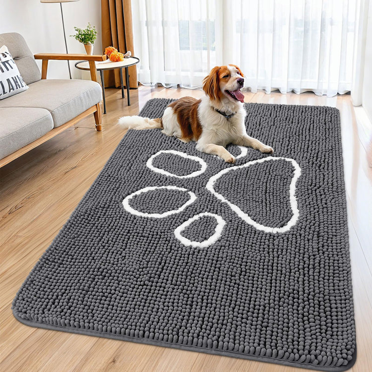 Smiry Dog Door Mat for Muddy Paws, Absorbent Dirt Trapper Non Slip Quick Dry Washable Chenille Mat for Mud Dogs, Entry Rug for Indoor and Outdoor (30x20 Inches, Grey and Black)