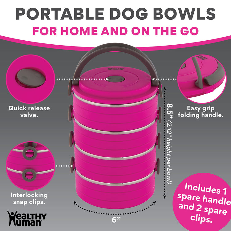 Healthy Human Travel Pet Bento Bowls - Human-Grade Stainless Steel & BPA-Free, Leak-Proof Water & Food Container Set for Dogs & Cats, 4-Pack Interlocking Bowls, Includes Spare Clips & Handle (Pink)