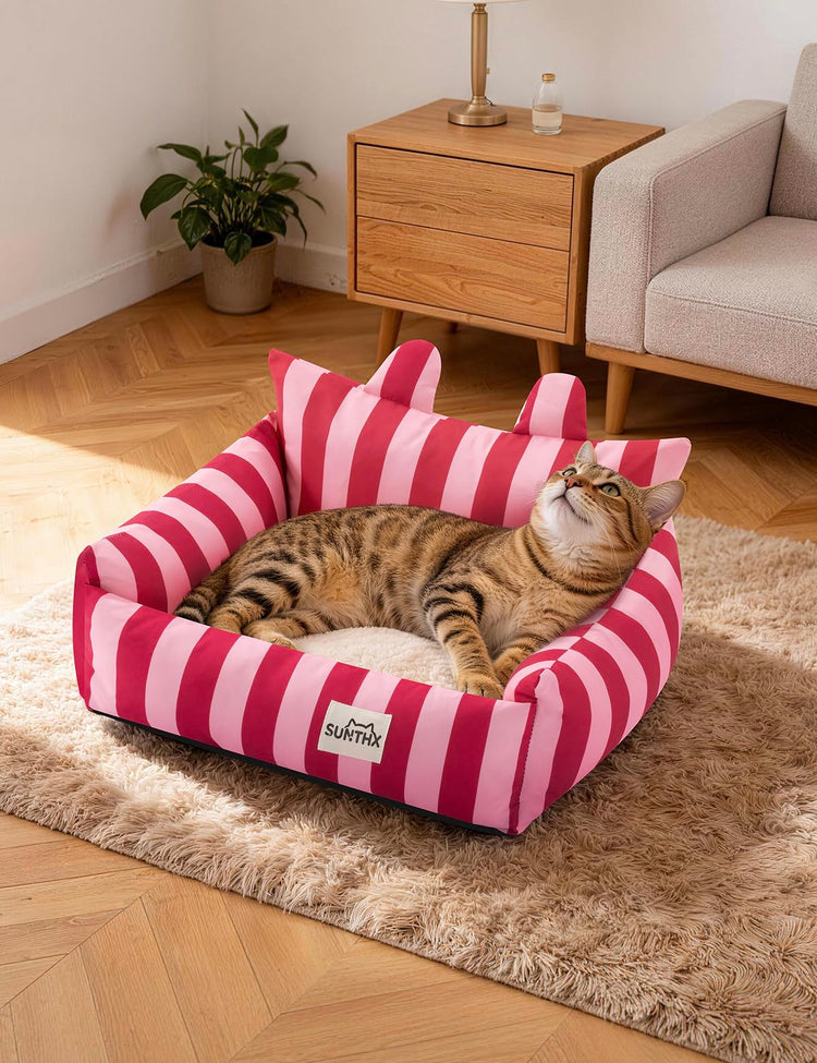 Cat Couch, Reversible Pet Bed for Indoor Cats – 2-Sided Cat Sofa with Oxford Fabric and Plush Fleece, Washable Small Dog Couch for Puppies and Senior Pets, Non-Slip Bottom, 28 inch, Pink Brown