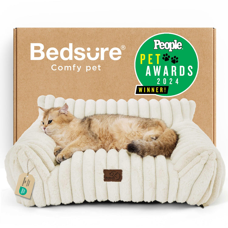 Bedsure ComfyFleece™ Cute Cat Couch for Pets - As Seen on TV on Good Day New York, Fluffy Cats beds for Indoor Cats with Removable Washable Cover, Supportive Pet Sofa, 24inch, Cream