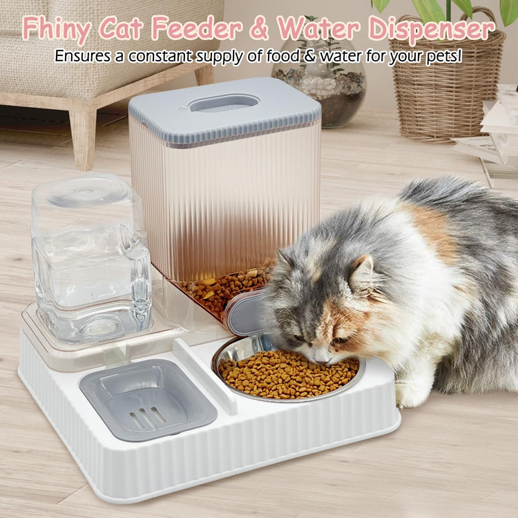 Fhiny Gravity Cat Feeder & Water Dispenser, 2 in 1 Automatic Puppy Waterer Removable Stainless Steel Food Bowls Set Self Feeding Pet Food Storage for Cat Kitten Puppy Easy Clean (White)