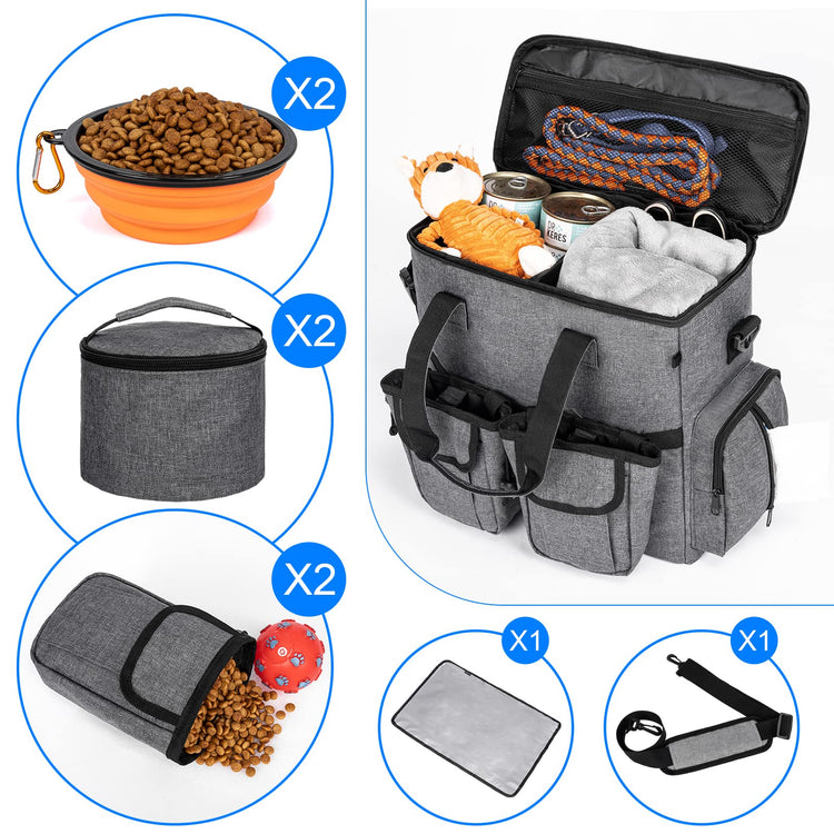 Modoker Dog Travel Bag Backpack, Airline Approved Pet Accessories Organizer for Dog and Cat with Shoulder Strap, 2 Dog Food Storage Containers, 2 Collapsible Dog Bowls,1 Pet Mat, Grey