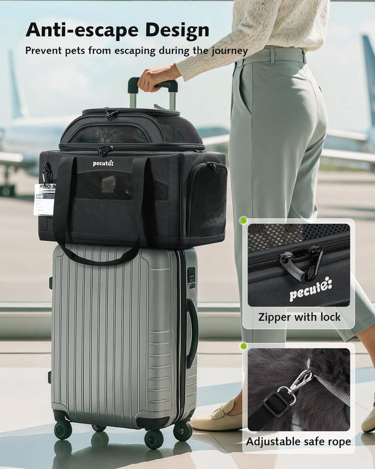 Pecute Expandable Pet Carrier Airline Approved Dog Cat Carrier, Breathable Soft-Sided with Locking Zippers, Pet Travel Bag for Small Dog Cat Anti-Scratch Mesh Leakproof Pee Pad (Dark Gray)