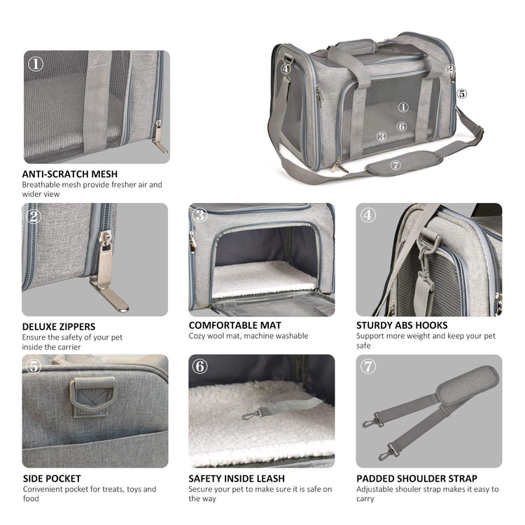 Henkelion Cat Carriers Dog Carrier Pet Carrier For Small / Medium Cats Dogs Puppies (Up To 15lbs), TSA Airline Approved Small Dog Carrier Soft Sided, Collapsible Waterproof Travel Puppy Carrier - Grey