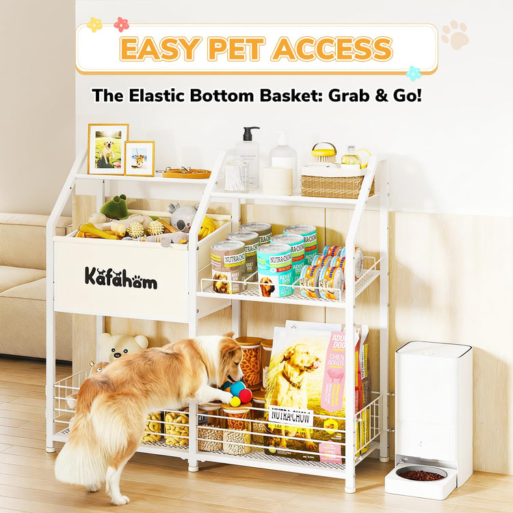KAFAHOM Dog Toy Basket with Collar Leash Holder Hooks, Large Pet Bin, Dog Toy Box for Living Room Area, Cat Stuff Storage Organizer with Cabinet and Can Dispenser, Great Gifts for Pet Lovers