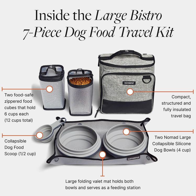 Cleverpup, Large 7-Piece Bistro Box Dog Food Travel Kit, 12-Cup Kibble Storage, 2 Silicone Bowls, Mat & Scoop - Premium Portable Pet Food Kit for Weekends, Overnights, Daycare & Camping, Checkerboard