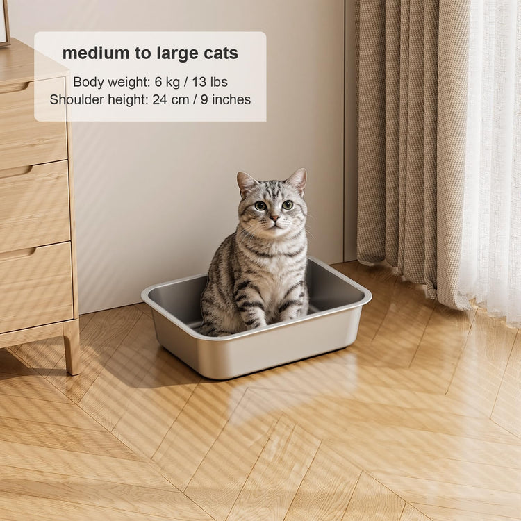 Stainless Steel Litter Box with High Sided, Metal Cat Litter Box, Odor-Free, Non-Stick Litterbox Pan, Easy to Clean Pet Supplies Toilet Tray for Indoor Cats, Kittens or Multicat Homes