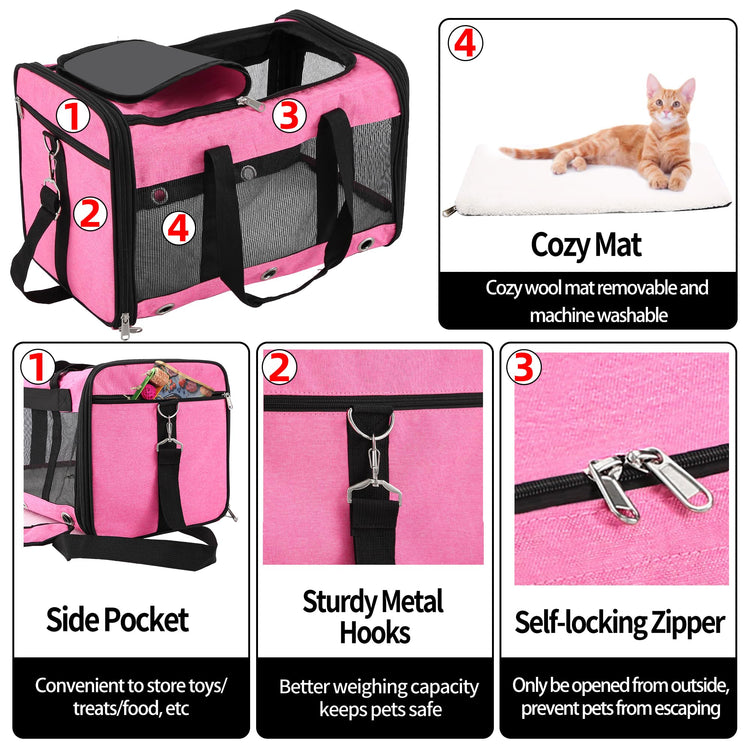 Soft Sided Cat/Dog Carrier,Collapsible Pets Travel Carriers for Pet/Puppy with Shoulder Strap & Removable Mat,Mesh Top Load Small Dogs/Cats Carry Bag Up to 17 Lbs TSA Airline Approved（Black,M）