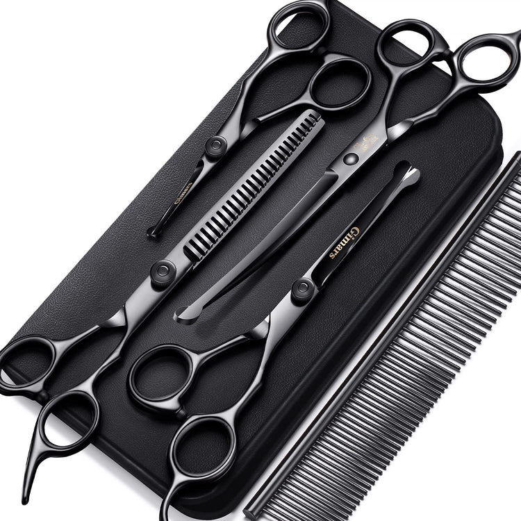 Gimars Titanium Coated Professional 6 in 1 4CR Stainless Steel Dog Grooming Scissors with Safety Round Tip, Heavy Duty Pet Grooming Scissor for Dogs, Cats and Other Animals