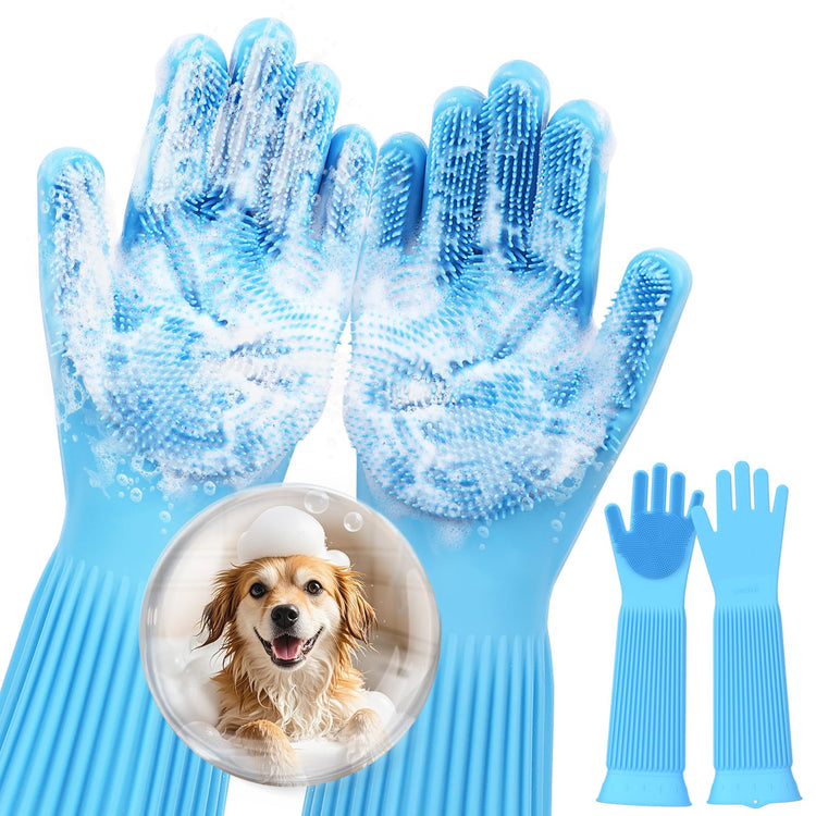 Pecute Pet Grooming Gloves - Heat Resistant Silicone Gloves with High-Density Teeth, Enhanced Five Finger Design for Bathing and Massaging Dogs and Cats, Blue
