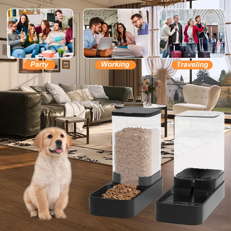 Automatic Cat Feeder and Water Dispenser in Set with Pet Food Bowl,Gravity Dog Waterer and Food Feeder for Small Medium Dog Cat Puppy Kitten Large Capacity(3.3L,Black)