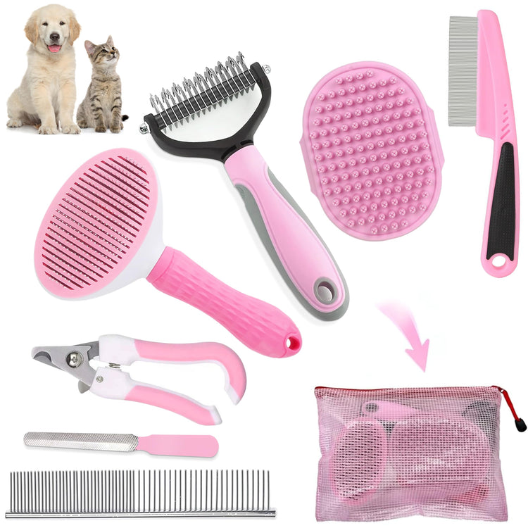 Dog Brush Grooming Kit 6PCS Dog Brush for Shedding-Dogs Brushes for Grooming, Dematting Comb for Dogs, Nail Clipper with Nail File, Flea Comb, Cat Bath Brush-Pink
