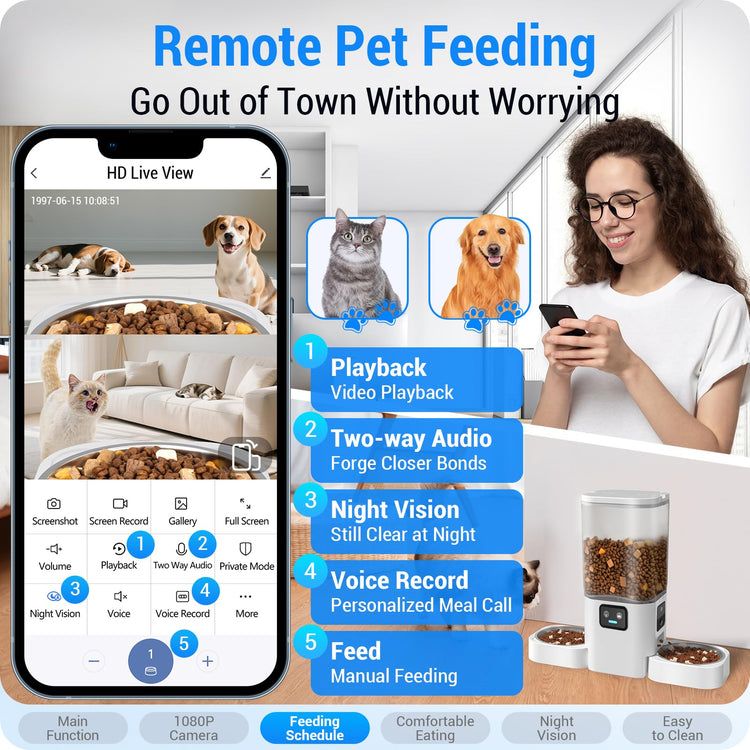 Frienhund Automatic Cat Feeder 2 Cats with Slow Feed: Dual Automatic Dog Feeder with 5G WiFi, Cat Food Dispenser with APP Control for Multiple Pets, Detachable for Easy Clean, Double Pet Bowl - 29 Cup