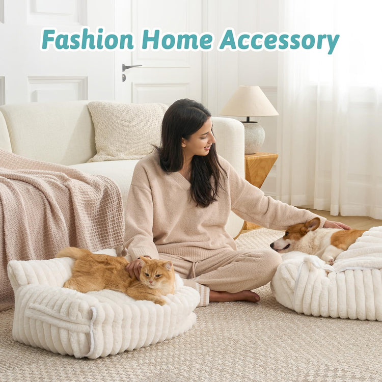 COZY KISS Cute Cat Couch, Fluffy Sofa Bed for Cats and Small Dogs, Premium Faux Rabbit Fur Cats beds for Indoor Cat, Ultra-Soft Supportive Pet Couch Furniture (Grey, S: 25.5''x17.5'')