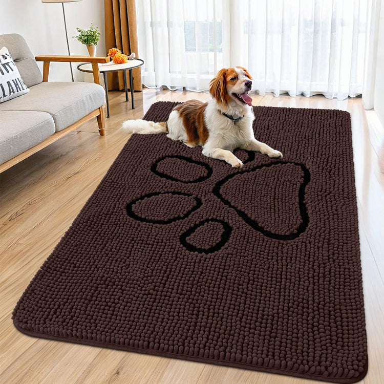 Smiry Dog Door Mat for Muddy Paws, Absorbent Dirt Trapper Non Slip Quick Dry Washable Chenille Mat for Mud Dogs, Entry Rug for Indoor and Outdoor (30x20 Inches, Grey and Black)