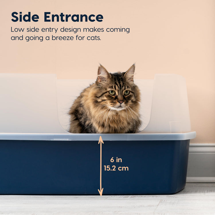 IRIS USA Cat Litter Box XX-Large Open Top with High Sided Walls Tall Scatter Shield Scoop Included Easy Clean Plastic Pan for Big Cats Kittens Multi-Cat Households 30"L x 20"W x 14"H Navy
