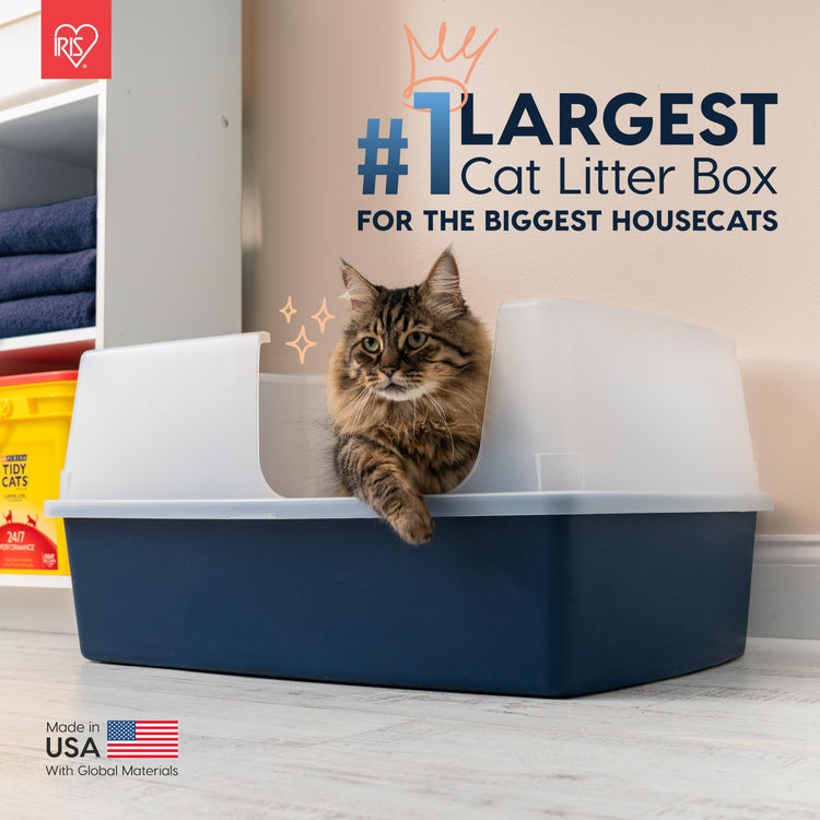 IRIS USA Cat Litter Box XX-Large Open Top with High Sided Walls Tall Scatter Shield Scoop Included Easy Clean Plastic Pan for Big Cats Kittens Multi-Cat Households 30"L x 20"W x 14"H Navy
