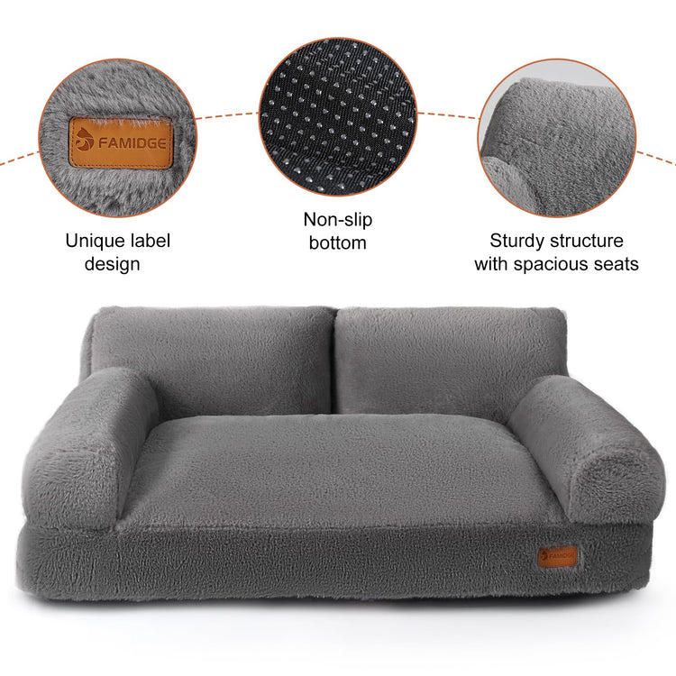 FAMIDGE Plush Cat Couch Bed - Cat Bed for Indoor Cats, Dog Sofa Bed, Short Rabbit Fleece Calming Pet Couch with Removable Cover, Anti-Shedding Pet Sofa for Small/Medium Pets (26×18×12in, Brown)