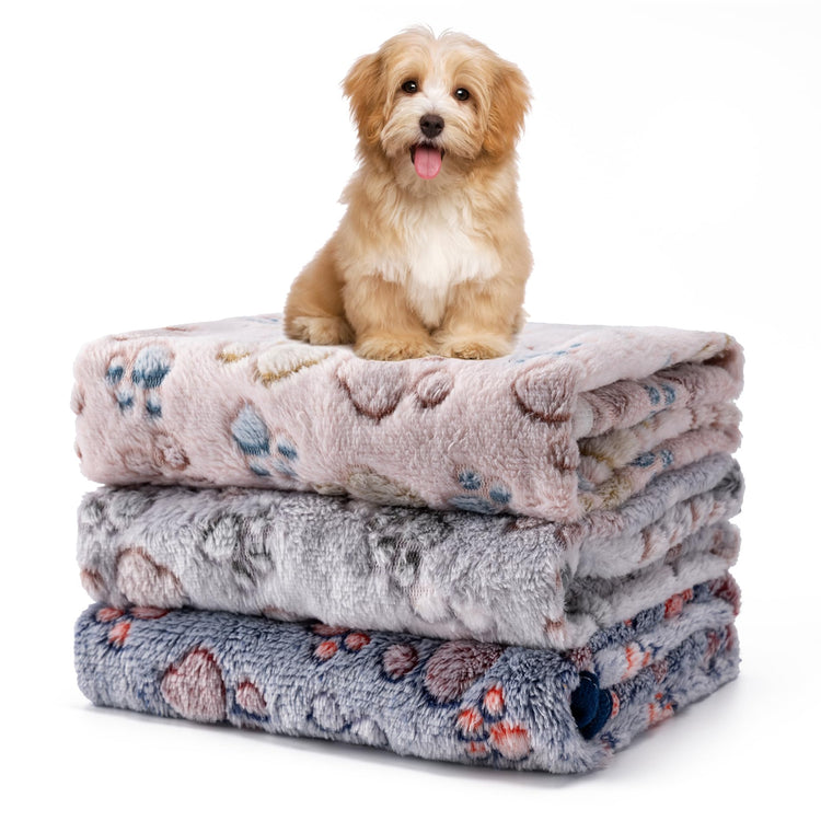1 Pack 3 Blankets Fluffy Premium Fleece Soft Pet Blanket Flannel Throw for Cat Dog Puppy (Small 23x16'', Paw-White/Pink/Brown)