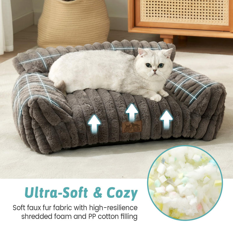 COZY KISS Cute Cat Couch, Fluffy Sofa Bed for Cats and Small Dogs, Premium Faux Rabbit Fur Cats beds for Indoor Cat, Ultra-Soft Supportive Pet Couch Furniture (Grey, S: 25.5''x17.5'')