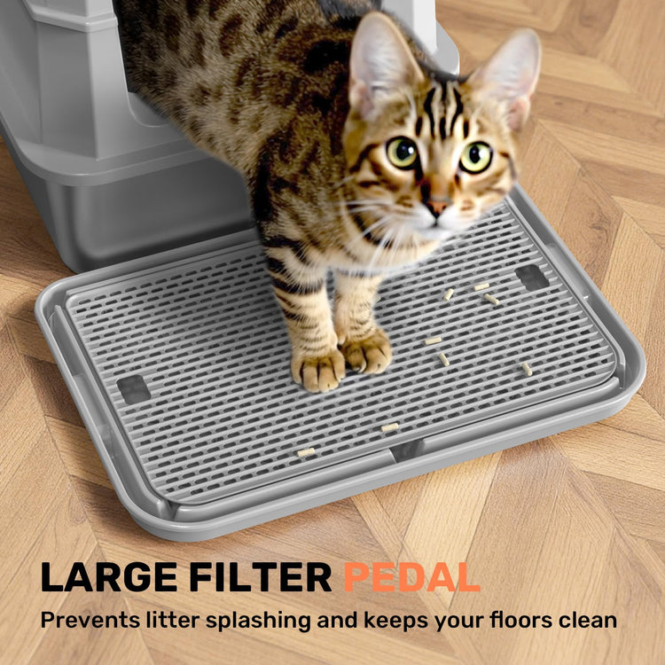 Stainless Steel Litter Box with Lid, Anti-Leakage Enclosed Metal Litter Box, Flip-Top Extra Large Kitty Litter Pan with Scoop & Pedal, Odor Free, Front & Top Dual Entry, Black