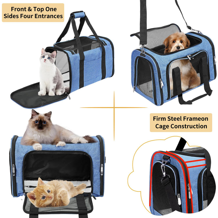 Soft-Sided Cat/Dog/Pet Carrier, Collapsible Pets Travel Carriers for Big Cats/Small Dogs with Shoulder Strap & Removable Mat, Mesh Puppy Carry Bag, Up to 16 Lbs, TSA Airline Approved(Black)