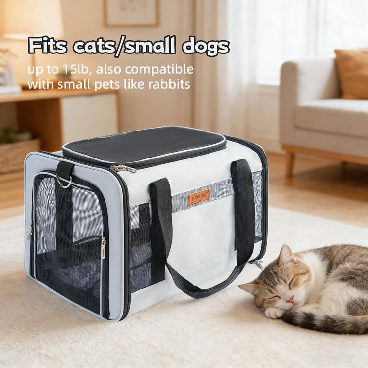 YUNIQUE Soft-Sided Cat & Dog Carrier for Pets Up to 15 Lbs, Airline Approved Collapsible Travel Puppy Carrier with Lightweight Fabric Design (Grey)