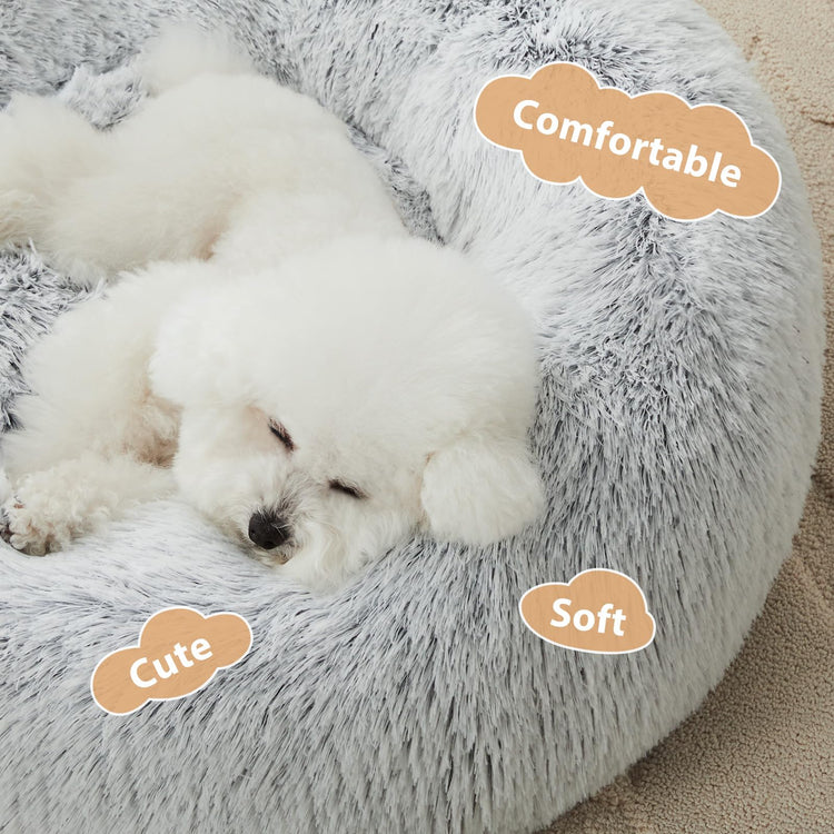 WNPETHOME Calming Dog Bed & Cat Bed, Anti-Anxiety Donut Small Dog Bed, Fluffy Faux Fur Cats Cushion Puppy Bed for Small Pets and Cats (24 x 24 inch, Light Coffee)