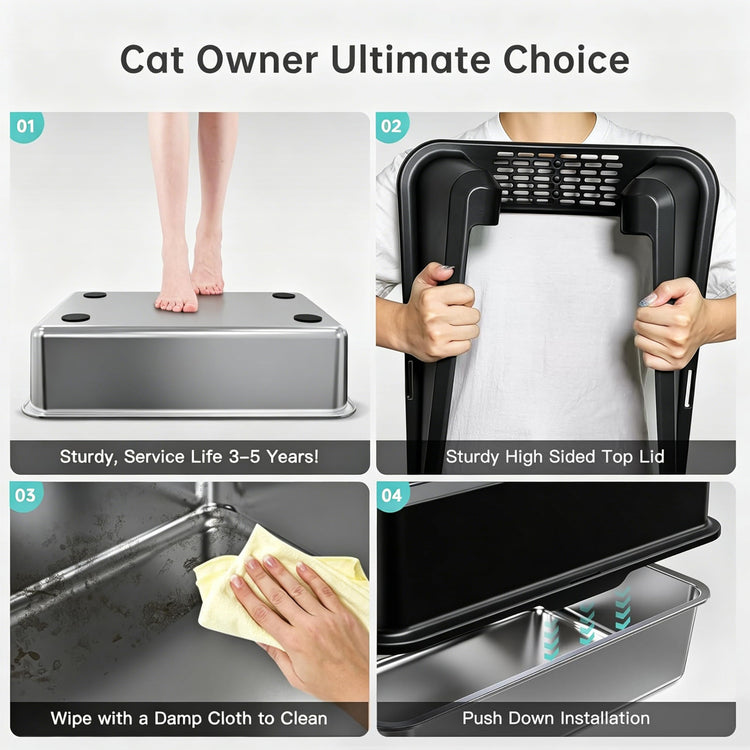 WoofiGo Enclosed Stainless Steel Cat Litter Box with Lid, XL Extra Large Litter Box for Big Cats, Metal Litter Pan High Sided, Never Absorbs Odors, Anti-Urine Leakage, Easy Cleaning, Include Scoop