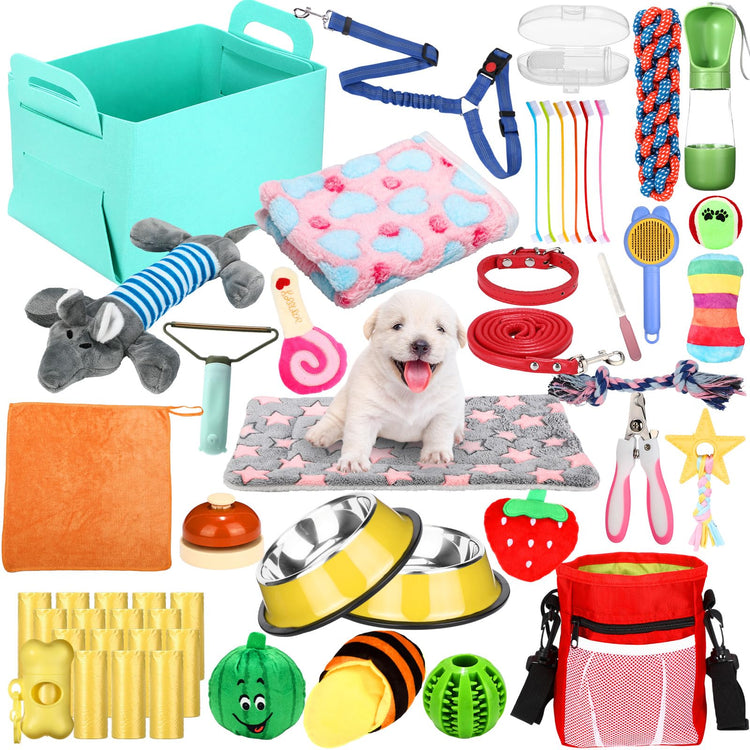 Abbylike 50 Pcs Puppy Supplies Starter Kit for Small Dogs Puppy Essentials Includes Leash, Bowls, Teeth Brushes, Water Bottle, and More Accessories for Dogs Pet Day Welcome Gift(Purple)