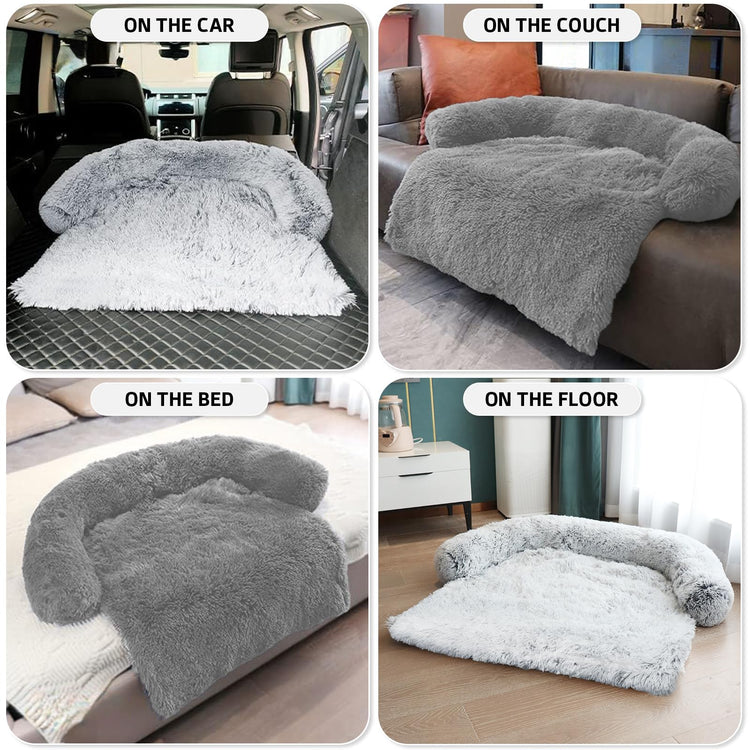 Calming Dog Bed Fluffy Plush Dog Mat for Furniture Protector with Removable Washable Cover for Large Medium Small Dogs and Cats (Small(35x31x5), Light Grey)